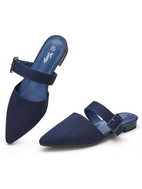 🆕 Women's Blue Knit Pointed Toe Mules Buckle Strap Slip On Low Flat Shoes